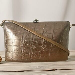 Vintage 1960s Bronze Embossed Leather Frame Bag Crossbody Purse Made in Italy